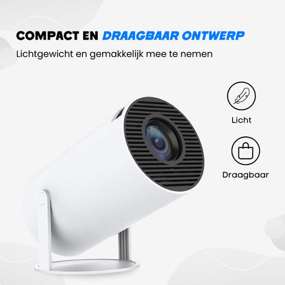 Modern en draagbaar ontwerp van de PIXELPRO draadloze projector, ideaal voor thuisentertainment en onderweg.