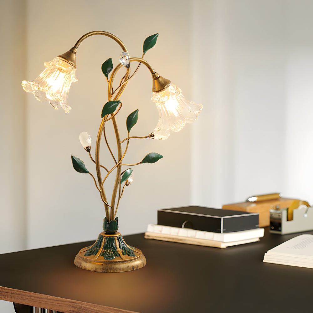 Dimbare Glazen Bureau Lamp met Dubbele Lichten en Bladaccenten