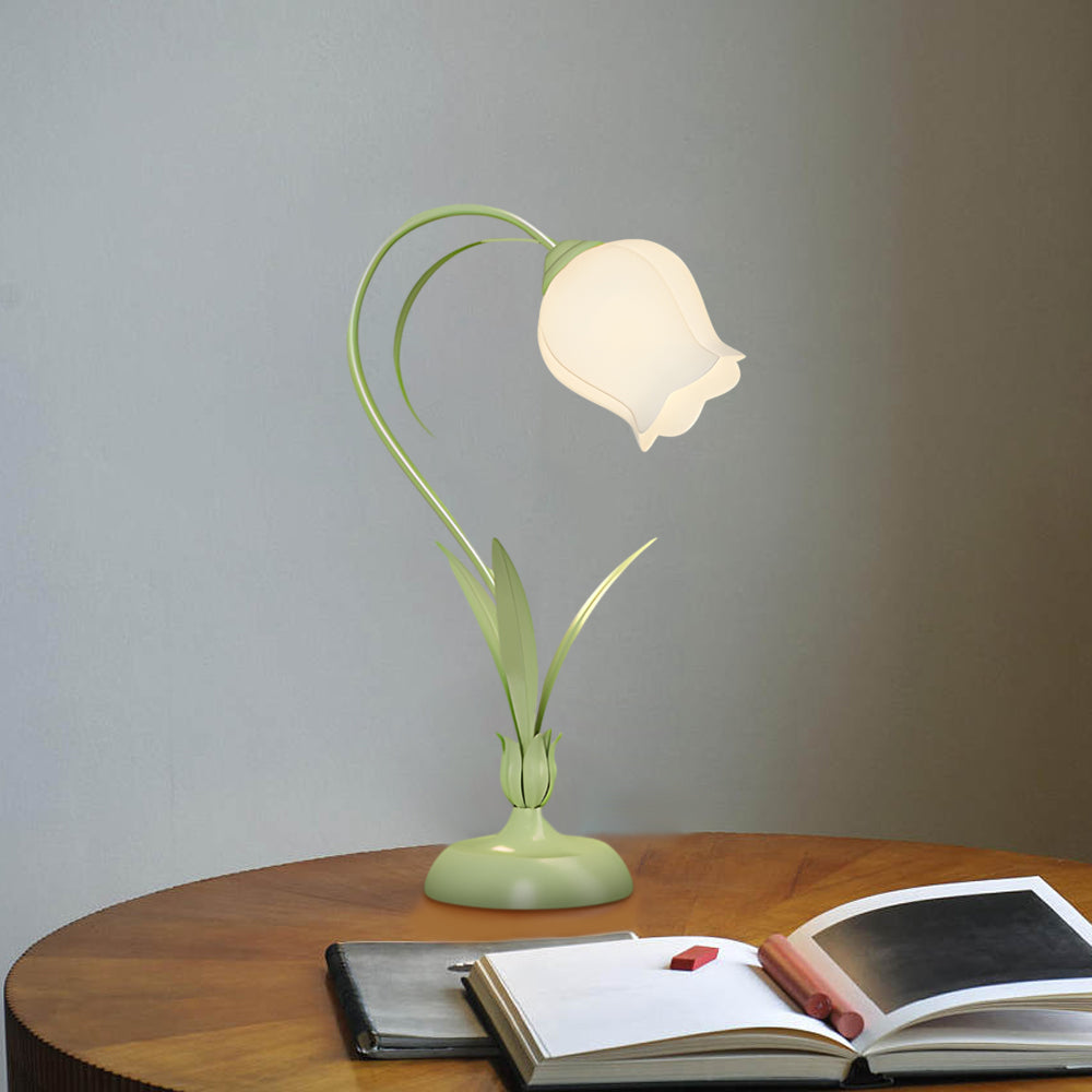 Rustieke Groene Bureau Lamp met Witte Bloemen en 3 Staps Dimming