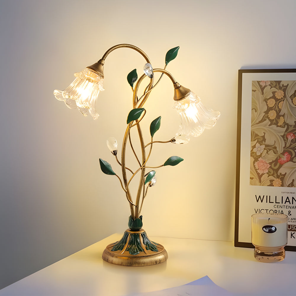 Dimbare Glazen Bureau Lamp met Dubbele Lichten en Bladaccenten