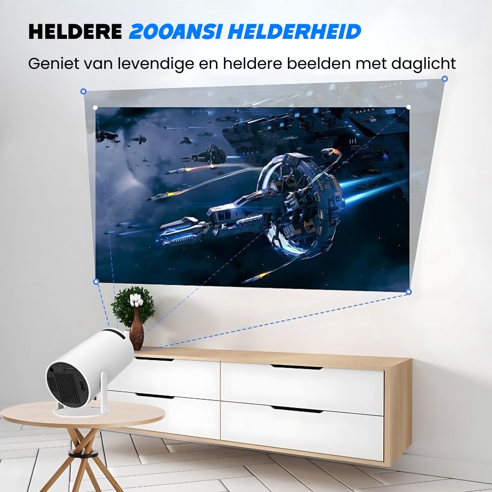 Eenvoudige installatie van de PIXELPRO draadloze projector, compatibel met WiFi en Bluetooth-apparaten.