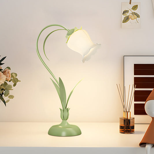 Rustieke Groene Bureau Lamp met Witte Bloemen en 3 Staps Dimming