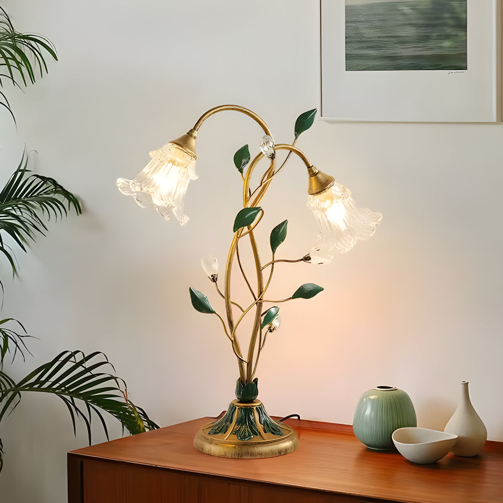 Dimbare Glazen Bureau Lamp met Dubbele Lichten en Bladaccenten